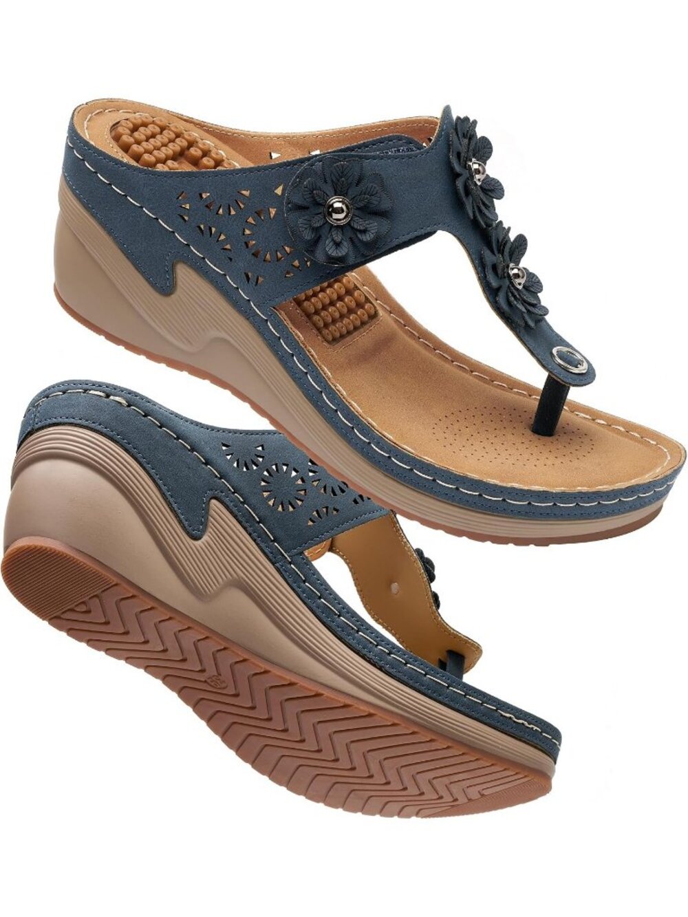Women's Navy Blue Adjustable Strap Casual Platform Flip Flops Heels Wedge Sandal
